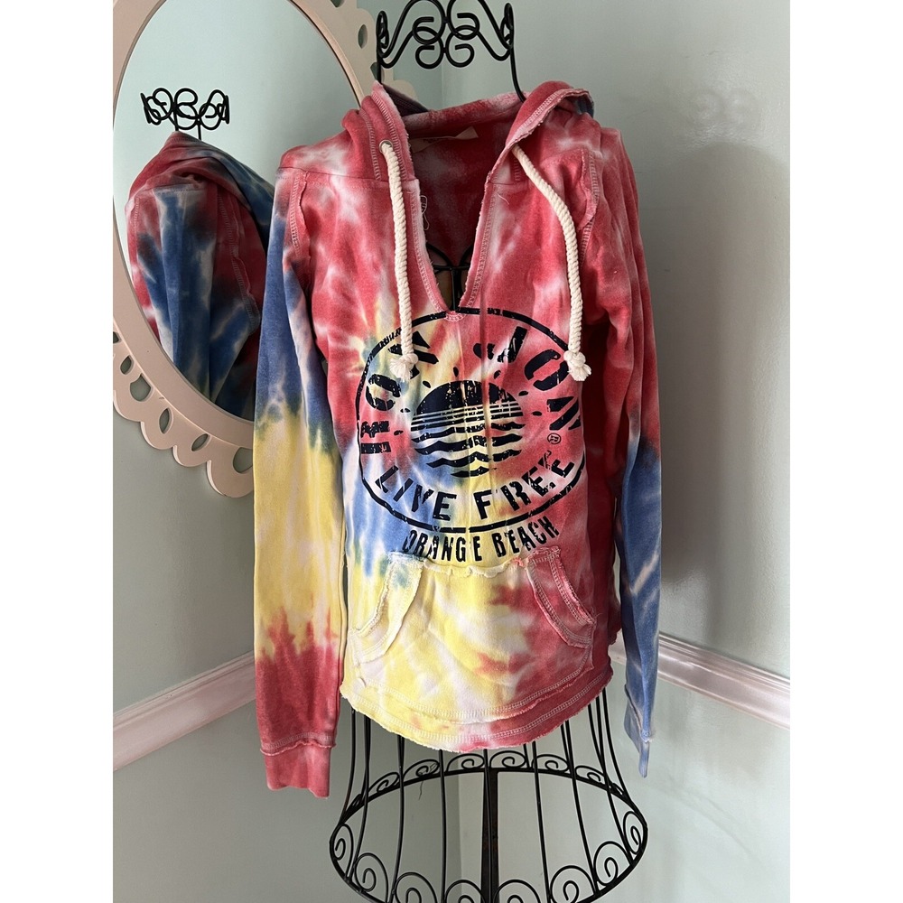 Ron Jon Surf Shop Hoodie Womens Medium Red Yellow Blue Good Tie Dye Orange Beach